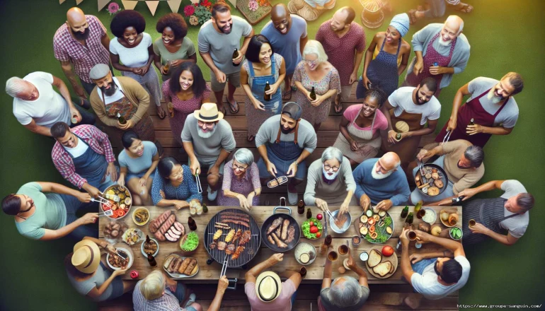 Vue aérienne d'un groupe de personnes profitant d'un barbecue en plein air.