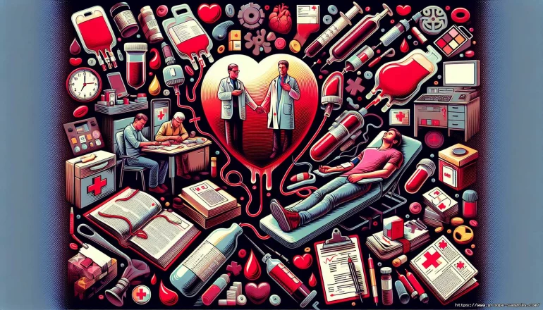 Illustration médicale avec des médecins, un donneur de sang et du matériel médical.