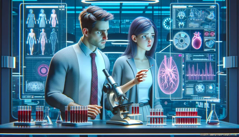 Scientifiques analysant échantillons sanguins futuristes