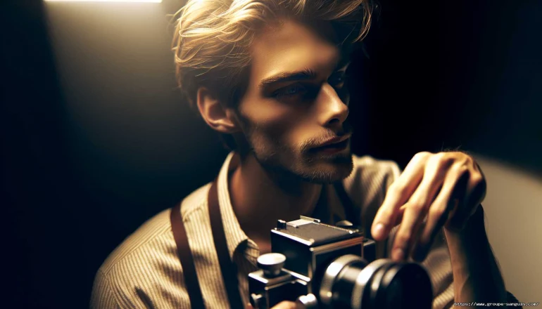 Jeune homme ajustant un appareil photo vintage