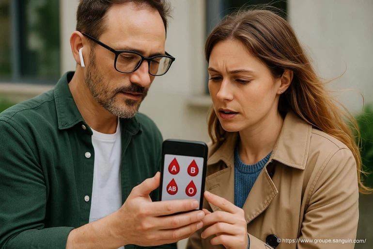 Couple consultent groupe sanguin sur smartphone