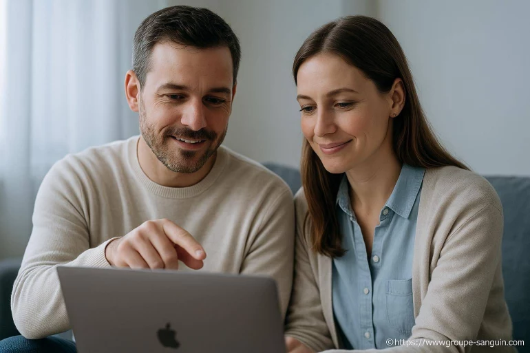 Couple souriant utilisant un ordinateur portable