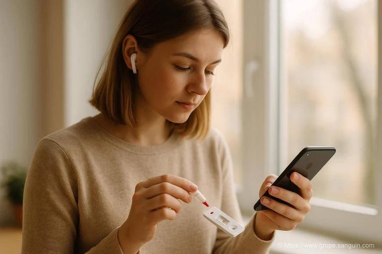Femme utilisant test sanguin à domicile