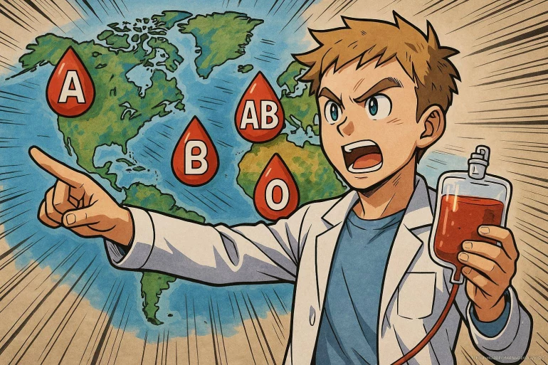 Jeune médecin anime carte groupes sanguins