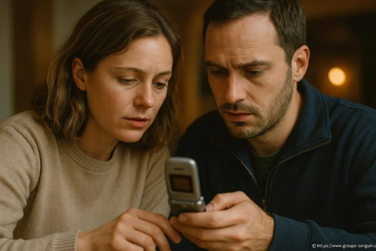 Couple concentré regardant un téléphone à clapet
