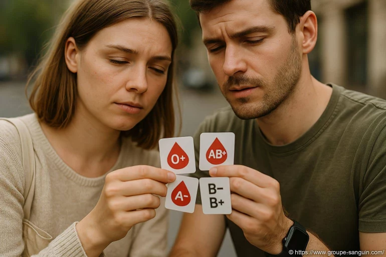 Couple examinant des cartes de groupes sanguins