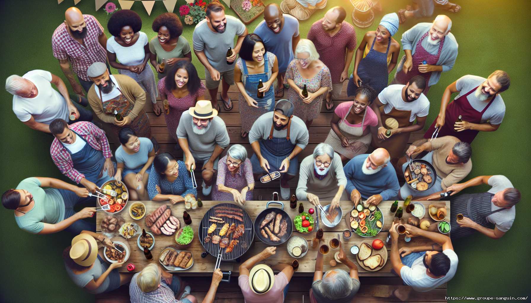 Vue aérienne d'un groupe de personnes profitant d'un barbecue en plein air.
