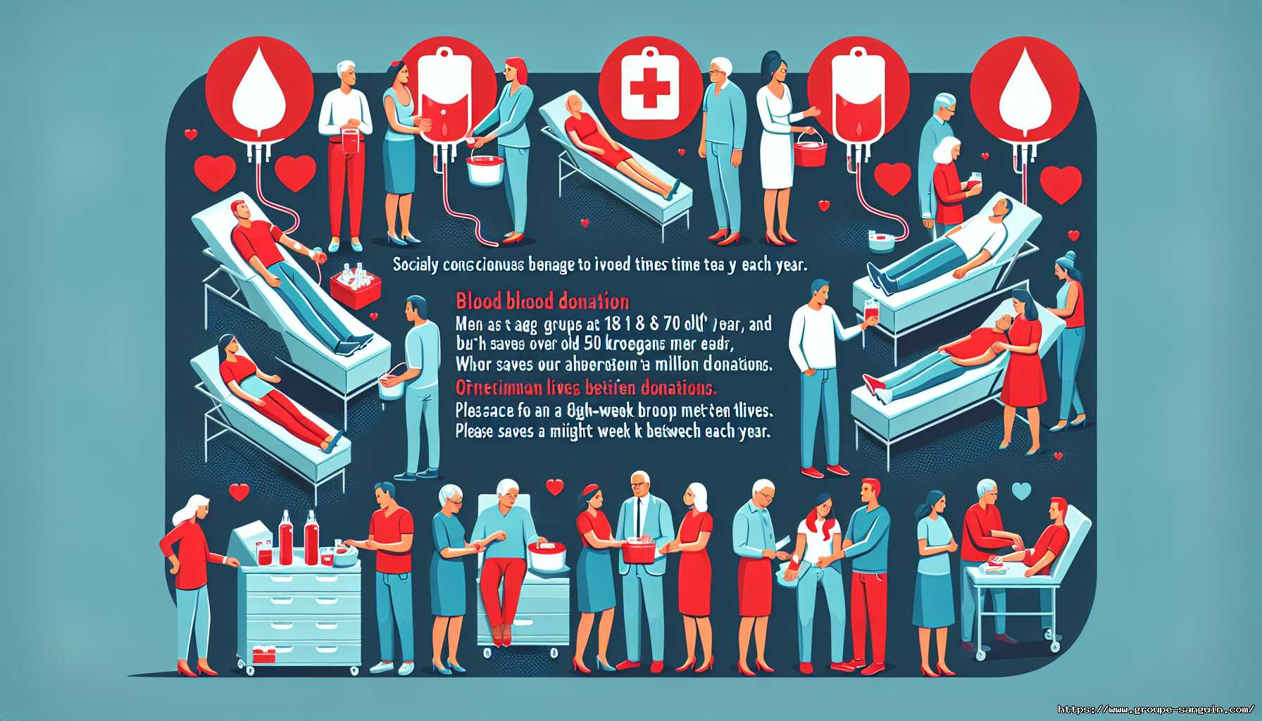 Infographie sur le don de sang avec illustrations de donneurs et de personnel médical.