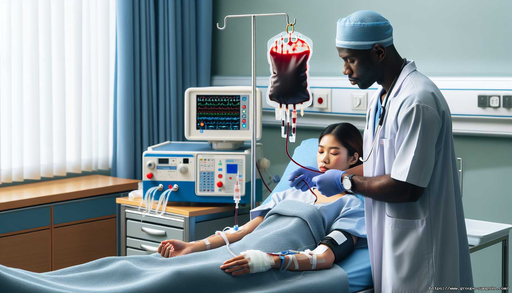 Un médecin surveillant une transfusion sanguine pour une patiente endormie à l'hôpital.