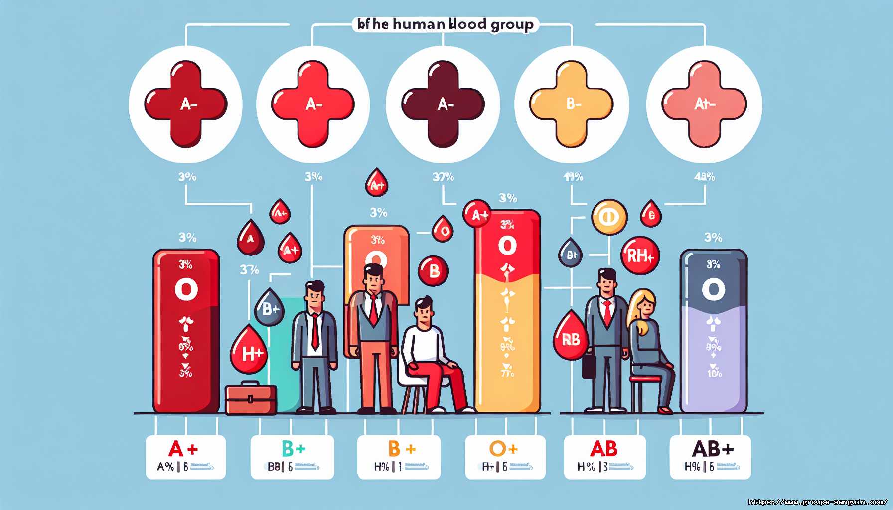 ** Illustration des groupes sanguins humains et leurs pourcentages.
**