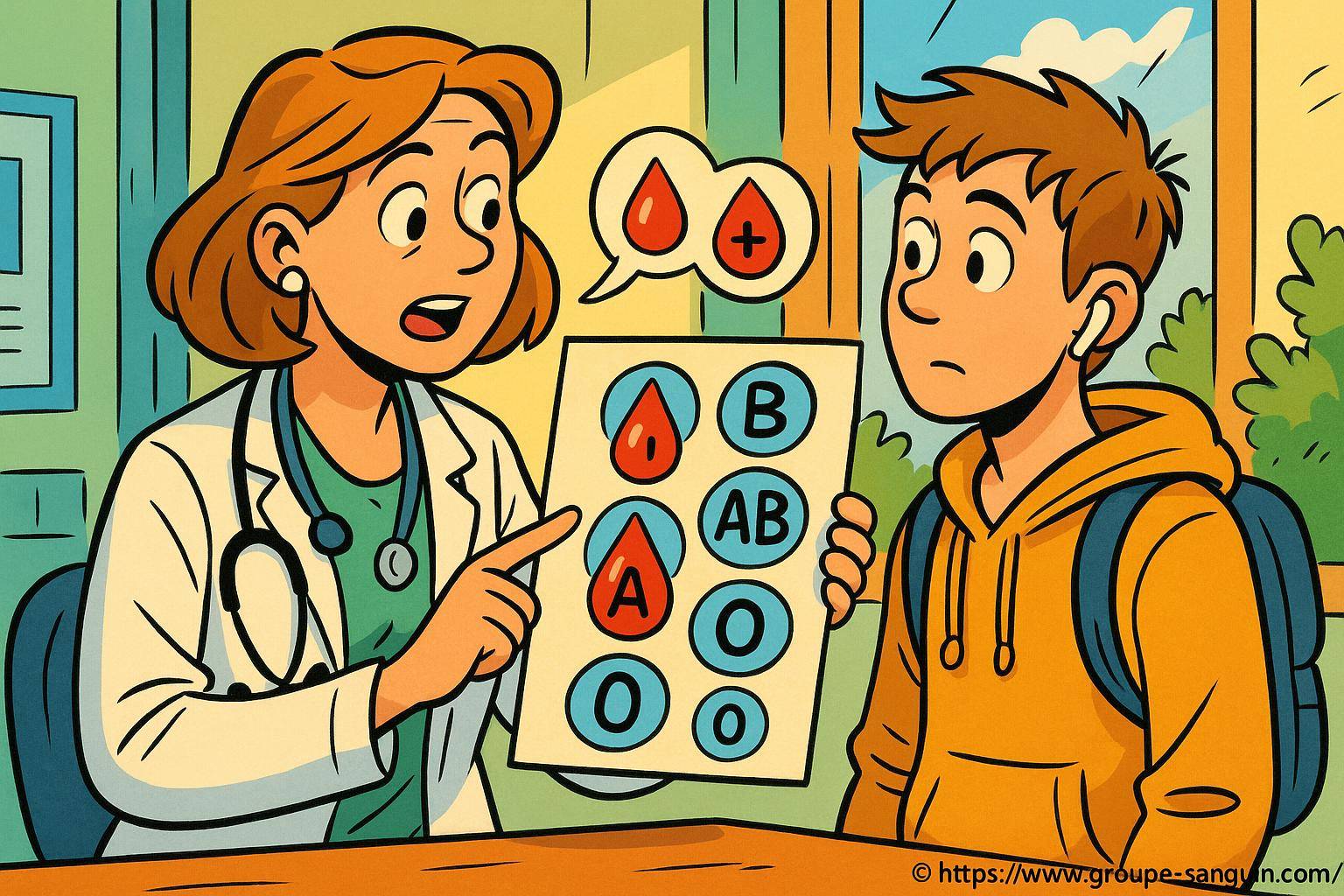 Médecin expliquant groupes sanguins à adolescent