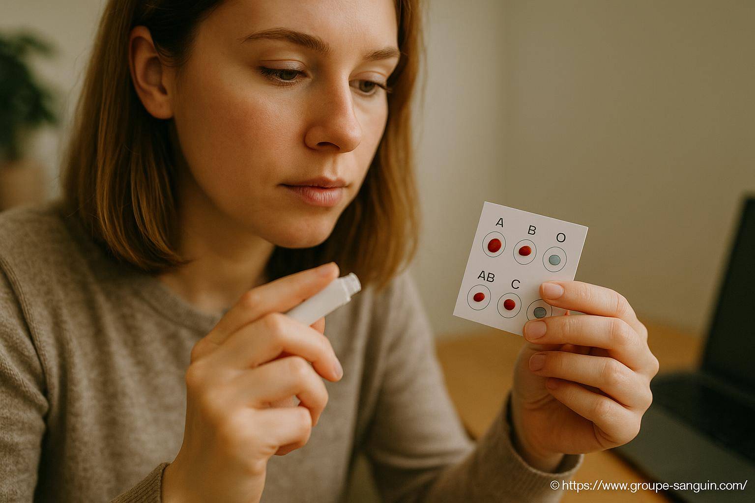 Femme réalisant un test de groupe sanguin
